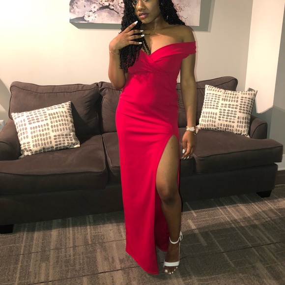 wrap top off shoulder maxi dress